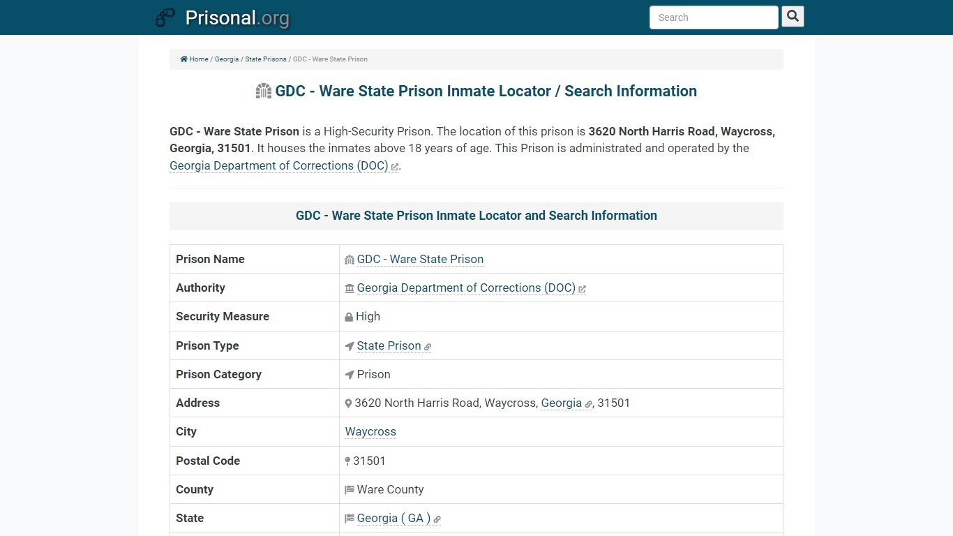 GDC - Ware State Prison-Inmate Locator/Search Info, Phone ...
